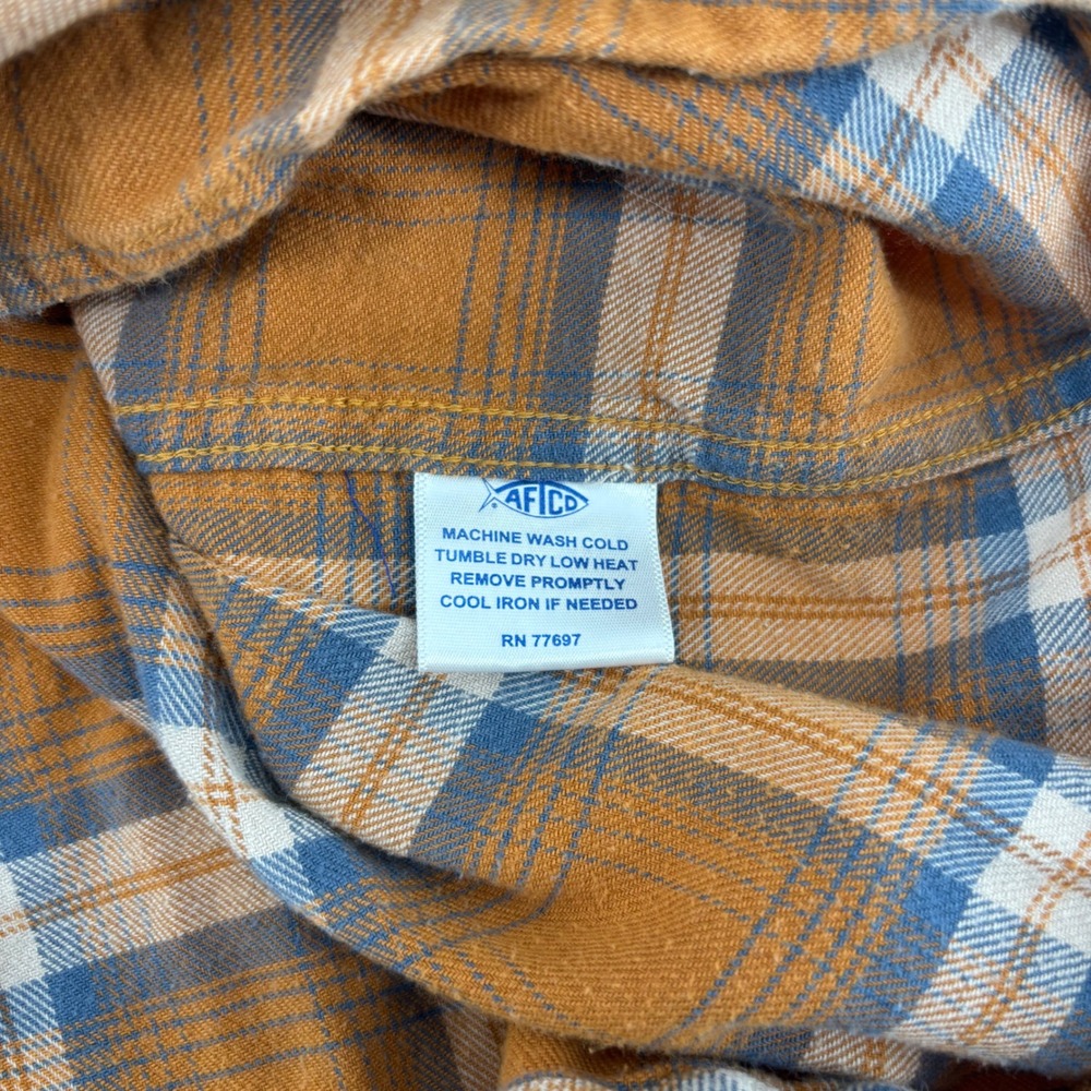 AFTCO Mens Button Up Shirt XL Orange Plaid Flannel Stretch Long Sleeve Coastal - Picture 4 of 9